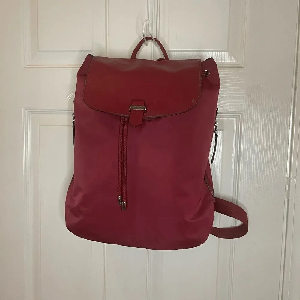 LIPAULT Red Wine NYLON Laptop large Backpack Bag faux leather flop top closure